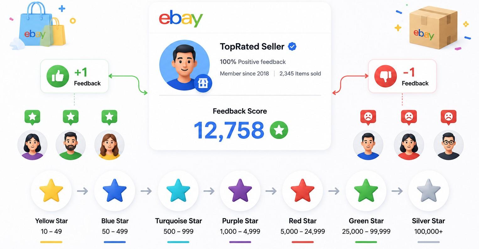 eBay star colour tiers from a yellow star at 10 ratings up to a silver shooting star above 100,000