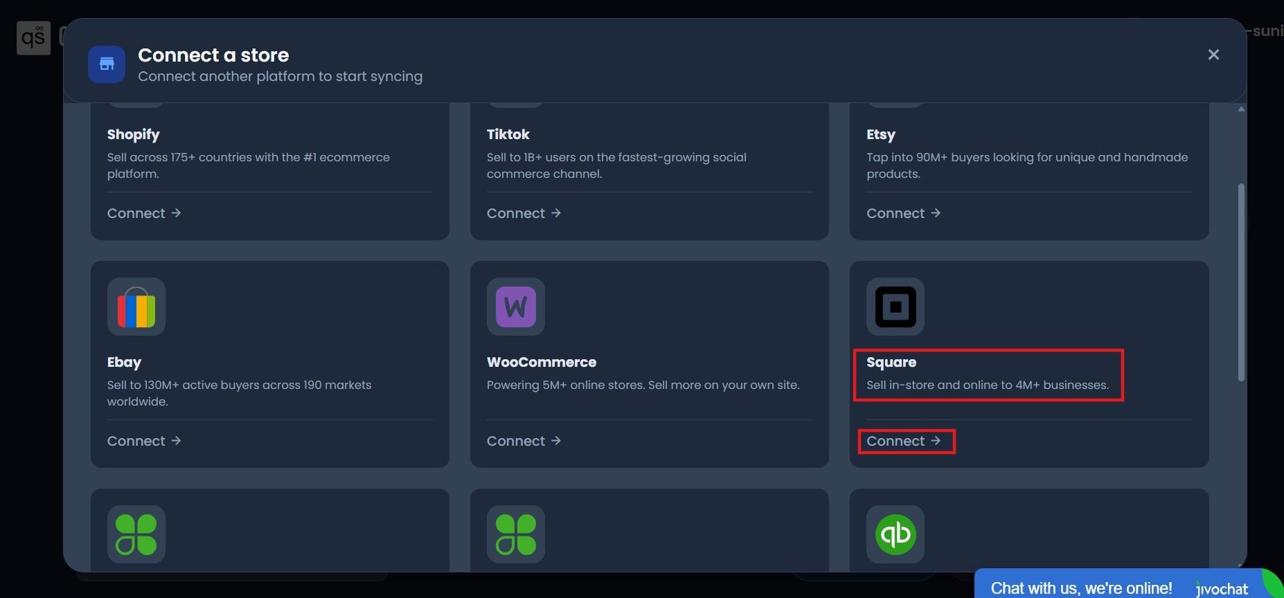 QuickSync connect a store panel with Square highlighted among Shopify, TikTok and Etsy