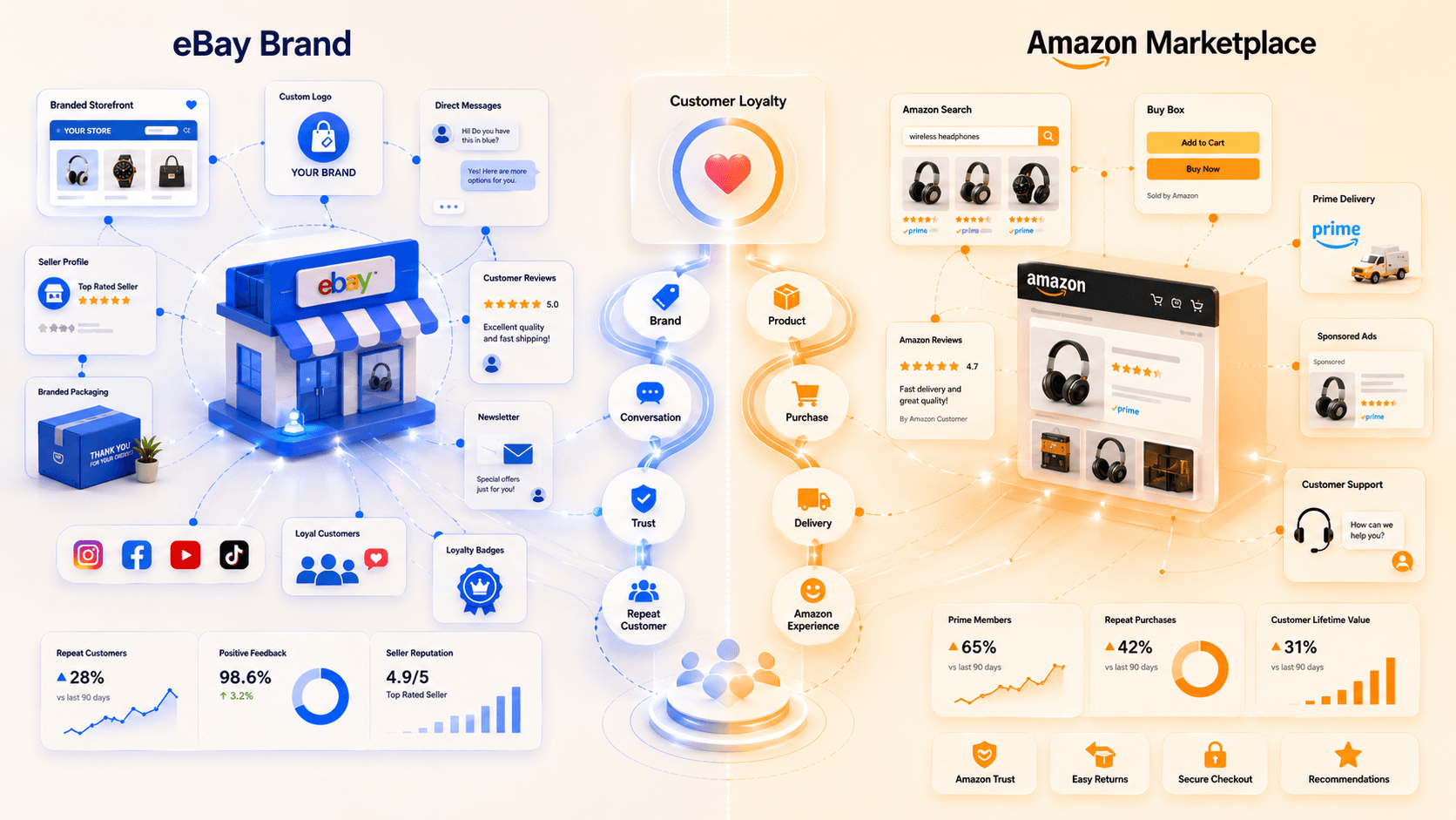 eBay brand storefront compared with an Amazon listing for brand control and loyalty