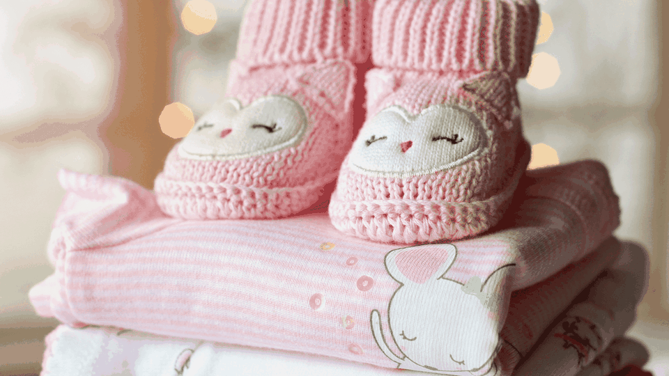 Knitted owl booties on a folded stack of pink baby blankets