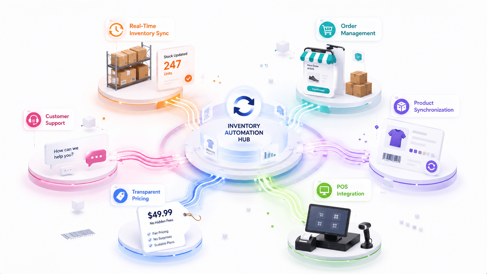 Inventory automation hub linking real-time sync, order management and POS integration