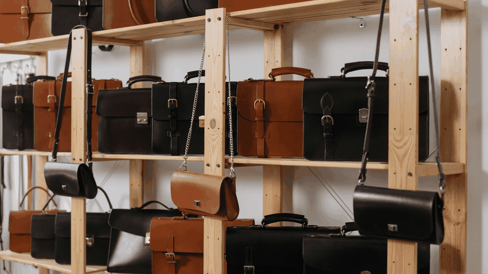 Leather satchels, briefcases and crossbody bags on wooden shelving