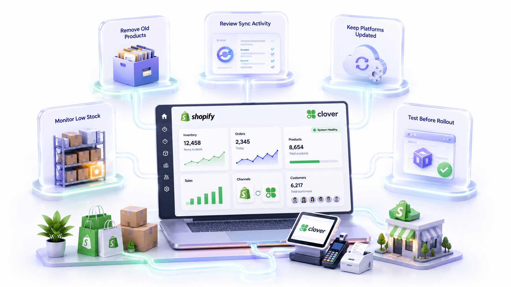Isometric illustration of Shopify and Clover dashboards tracking stock and sync activity