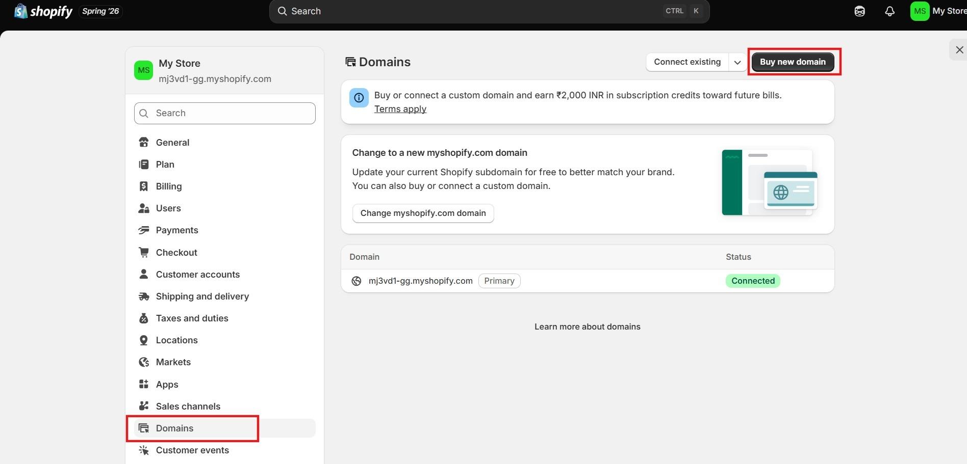 Shopify domain settings with the Buy new domain button highlighted