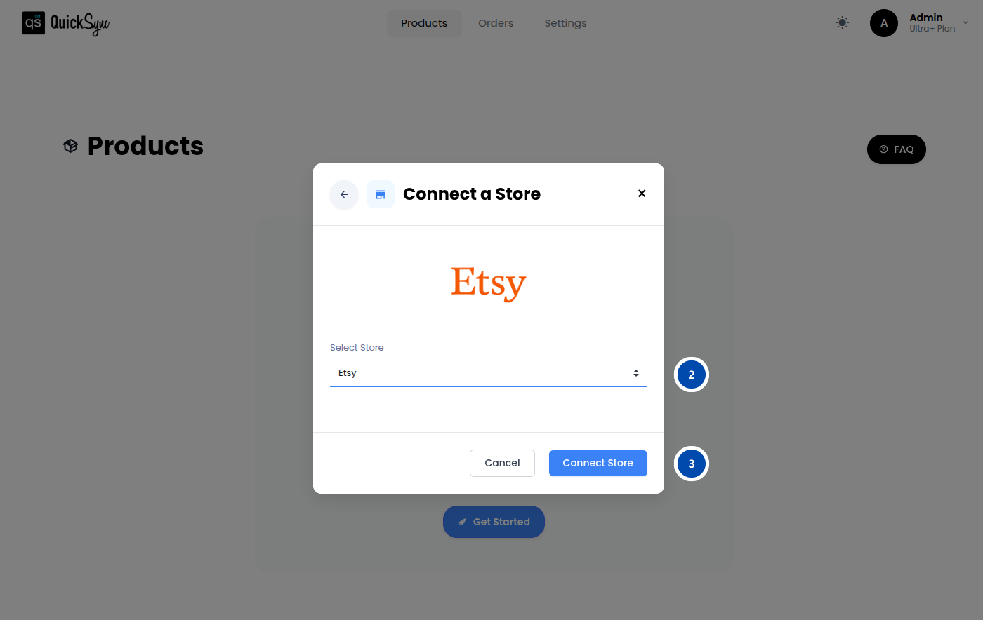 QuickSync connect a store dialog with Etsy selected