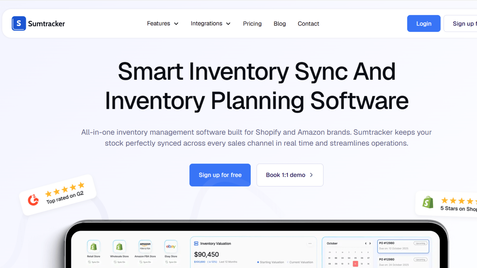 Sumtracker homepage: inventory sync and planning software with a mobile dashboard