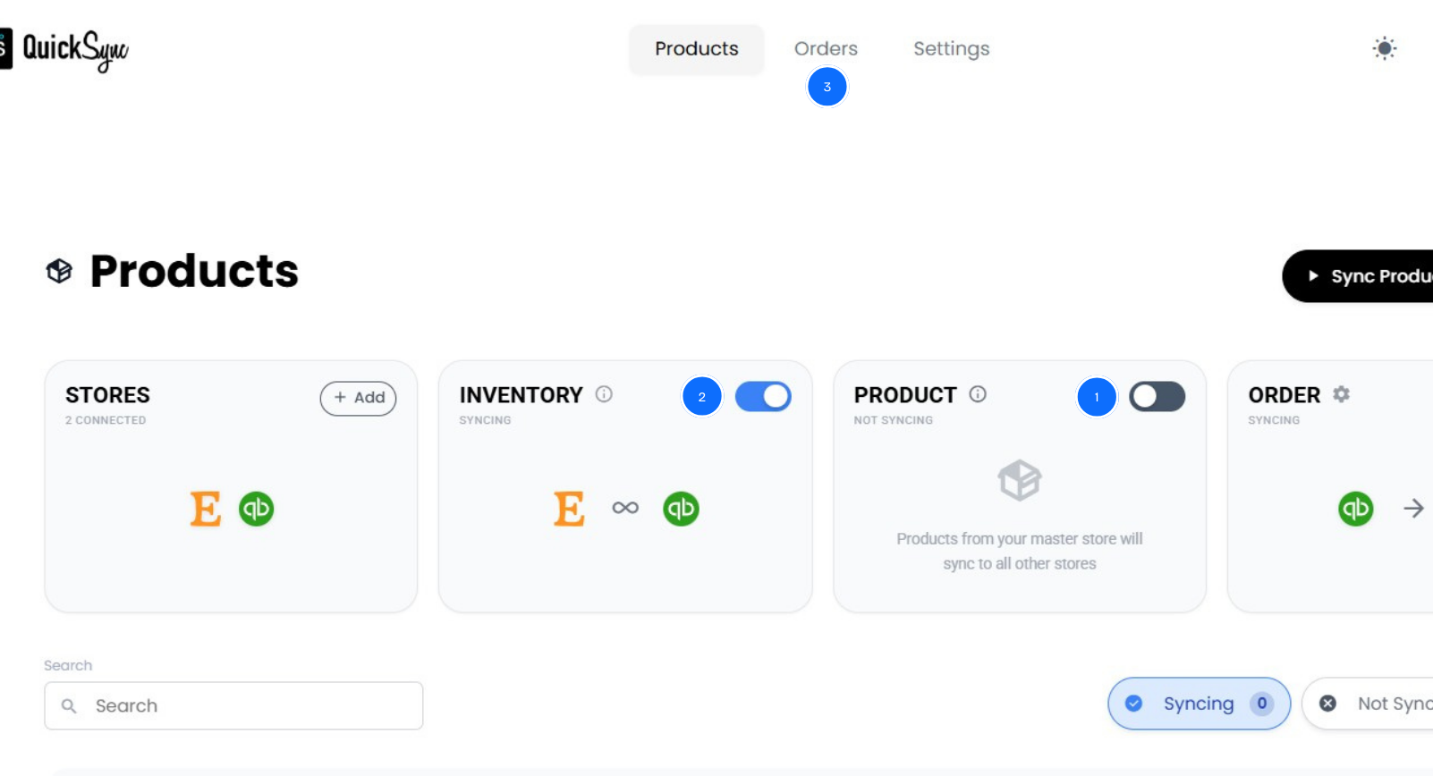 QuickSync products dashboard with Etsy connected and inventory syncing on