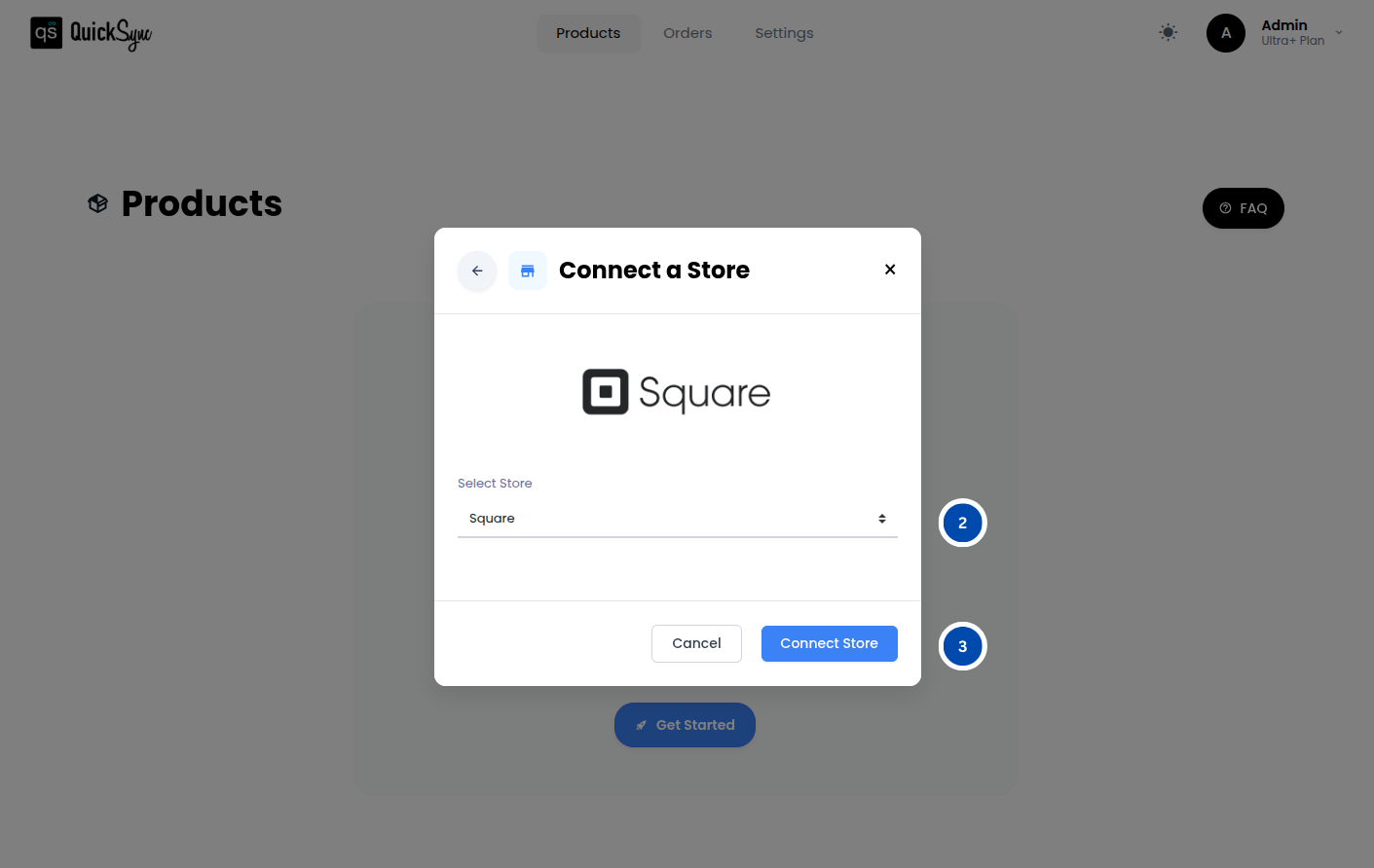 QuickSync connect a store dialog with Square selected