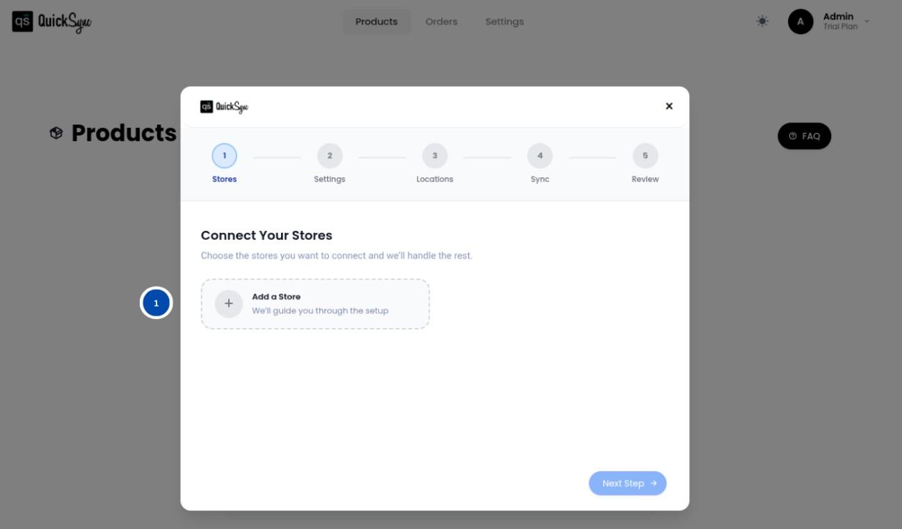 QuickSync onboarding step to connect your stores, with an Add a Store button
