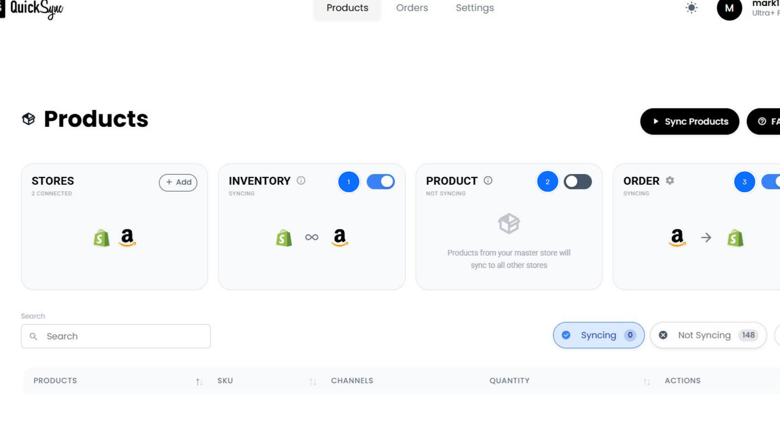 QuickSync products dashboard with Shopify and Amazon connected and syncing on