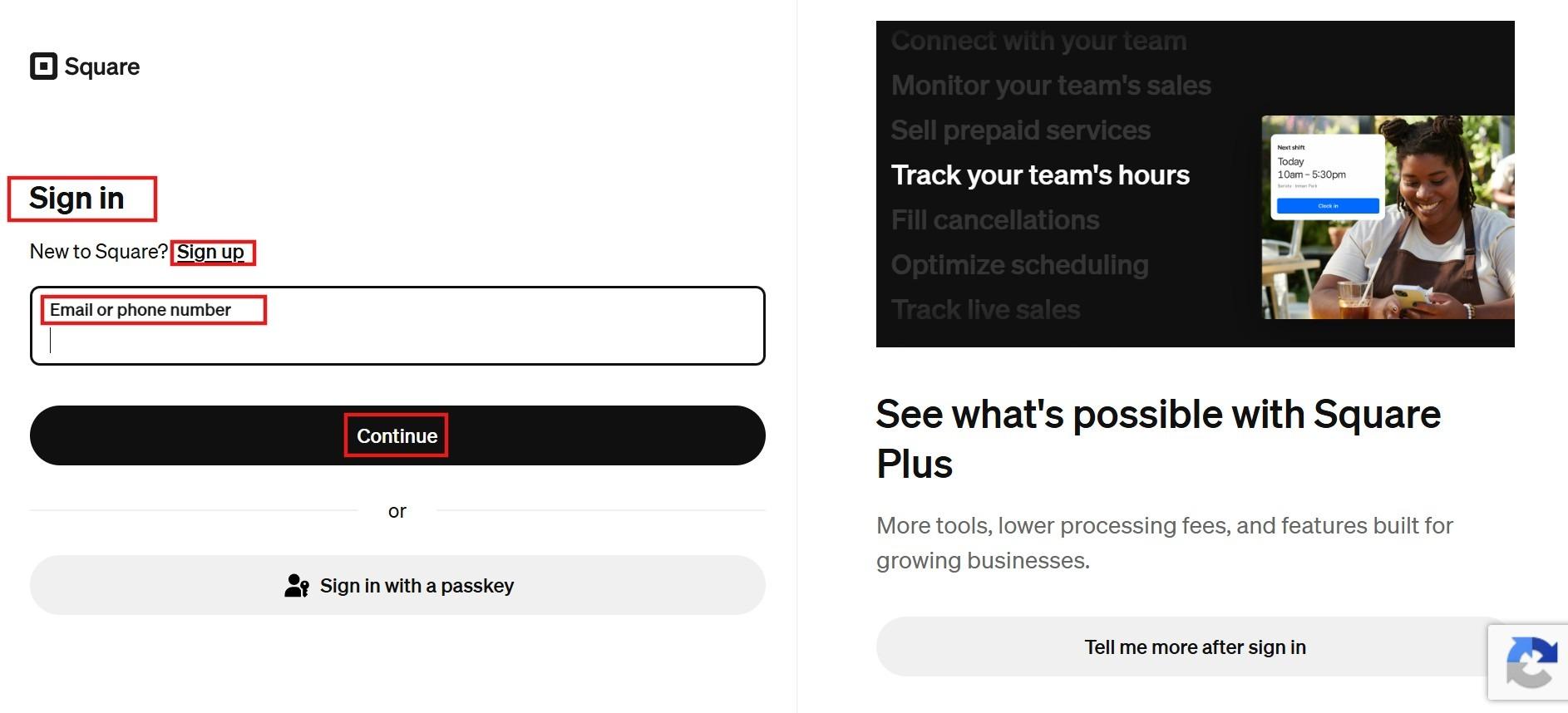 Square sign-in page beside a Square Plus promotion for team and scheduling tools