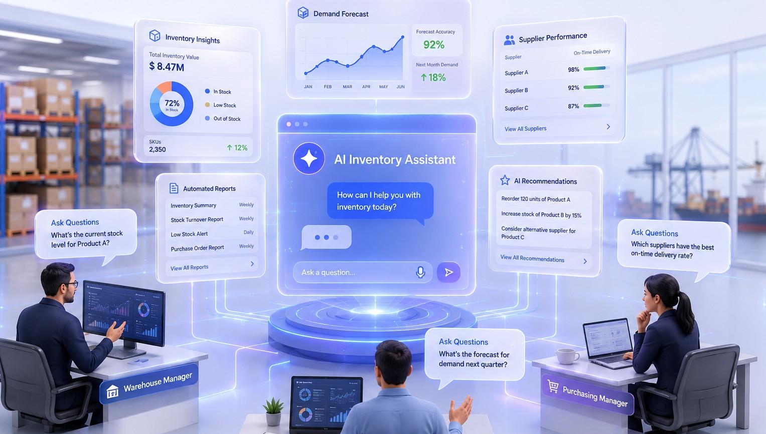 AI inventory assistant answering demand forecast and supplier questions in a warehouse