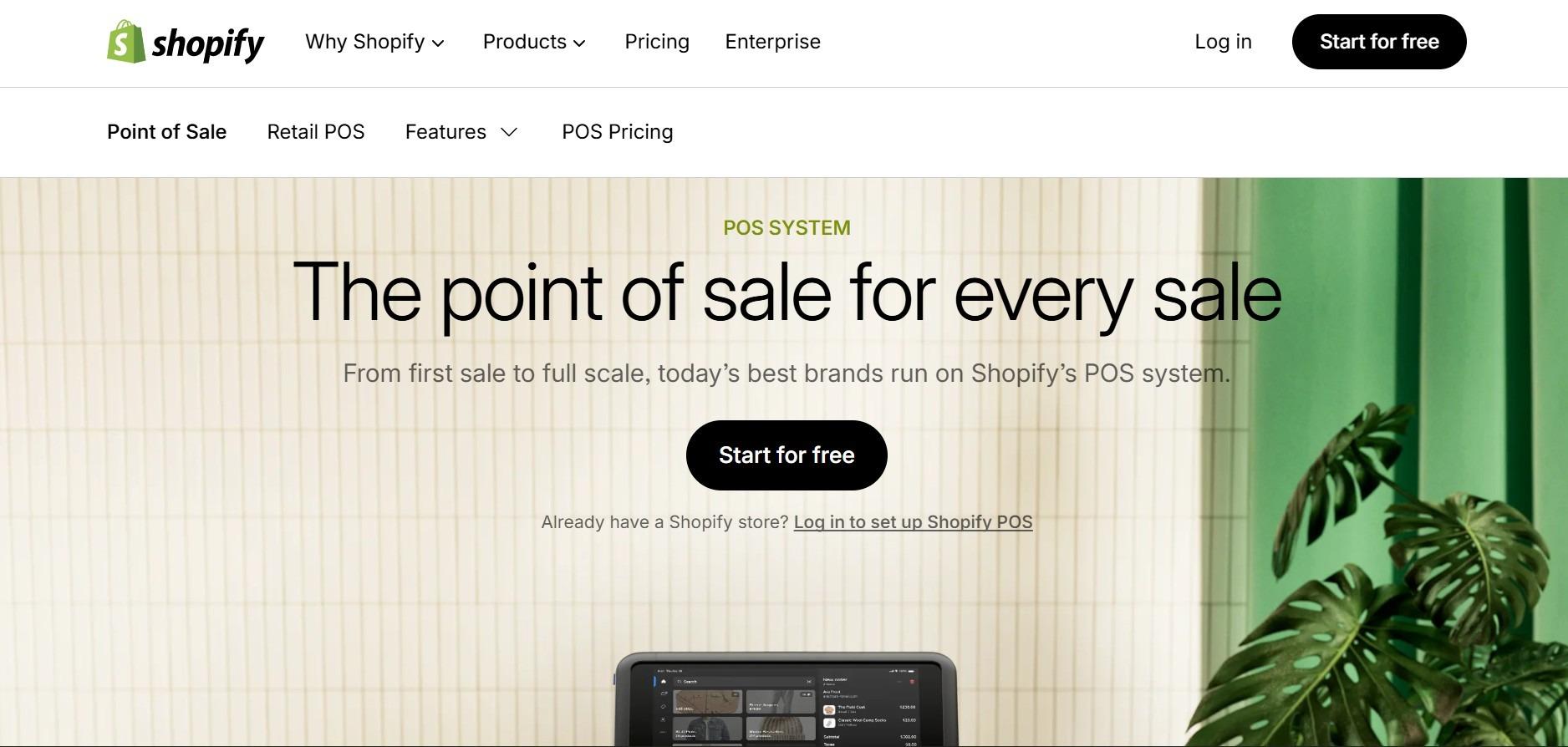 Shopify POS homepage headline: the point of sale for every sale, with a free trial button