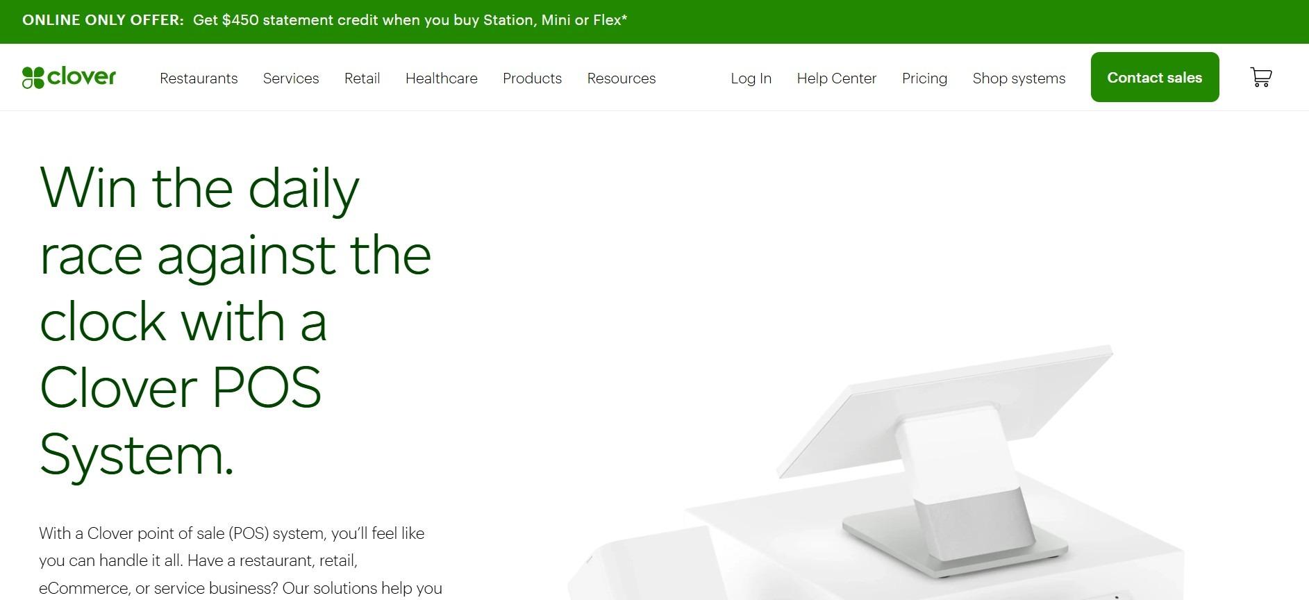 Clover homepage headline: win the daily race against the clock with a Clover POS system