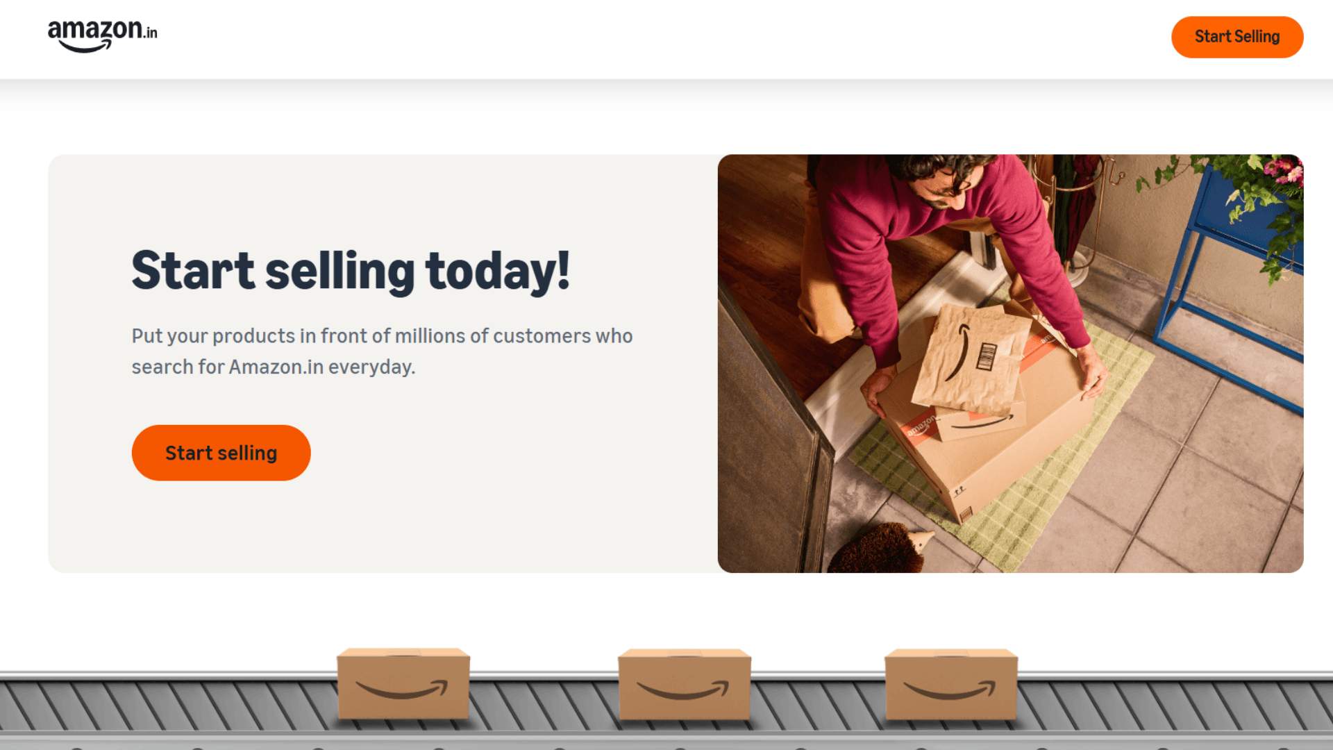 Amazon seller page headed start selling today, with a parcel packing photo