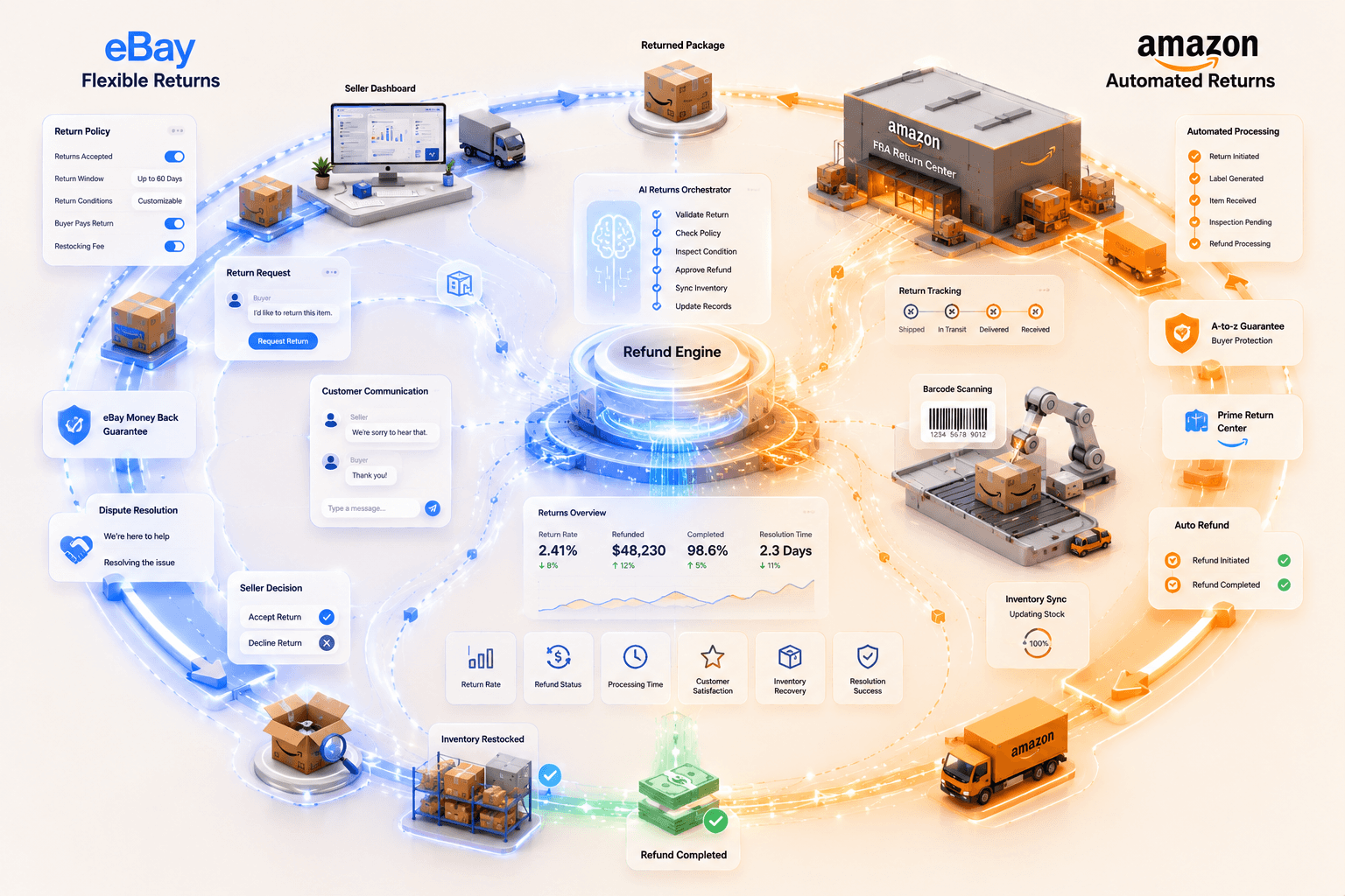eBay flexible returns compared with Amazon automated returns processing