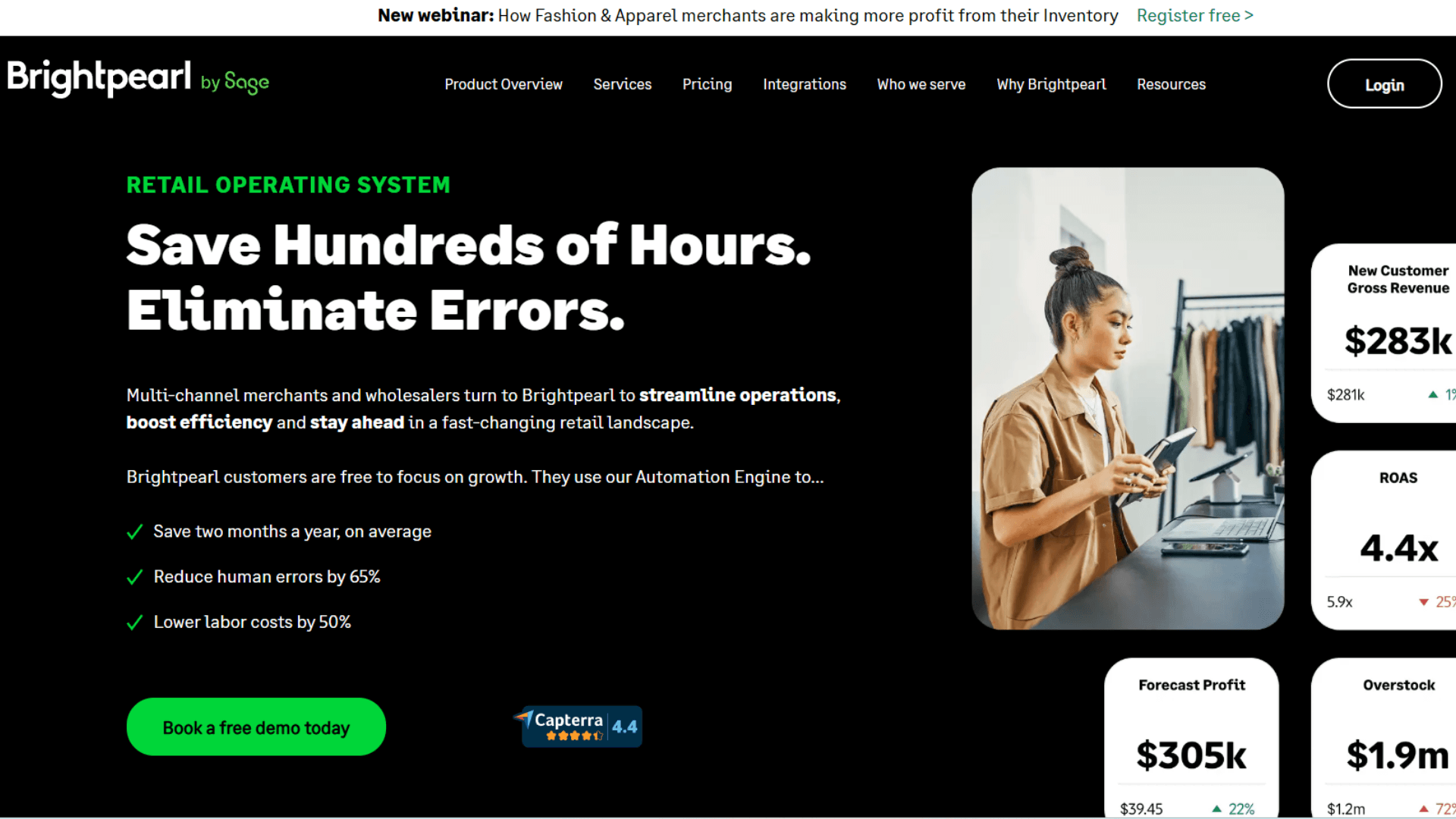 Brightpearl homepage: a retail operating system promising saved hours and fewer errors