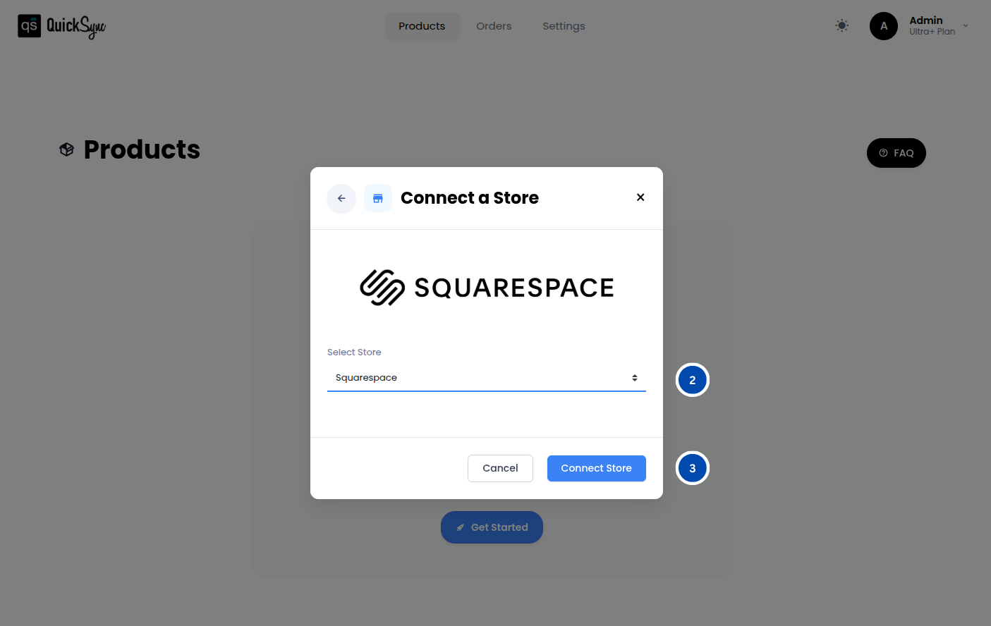 QuickSync connect a store dialog with Squarespace selected