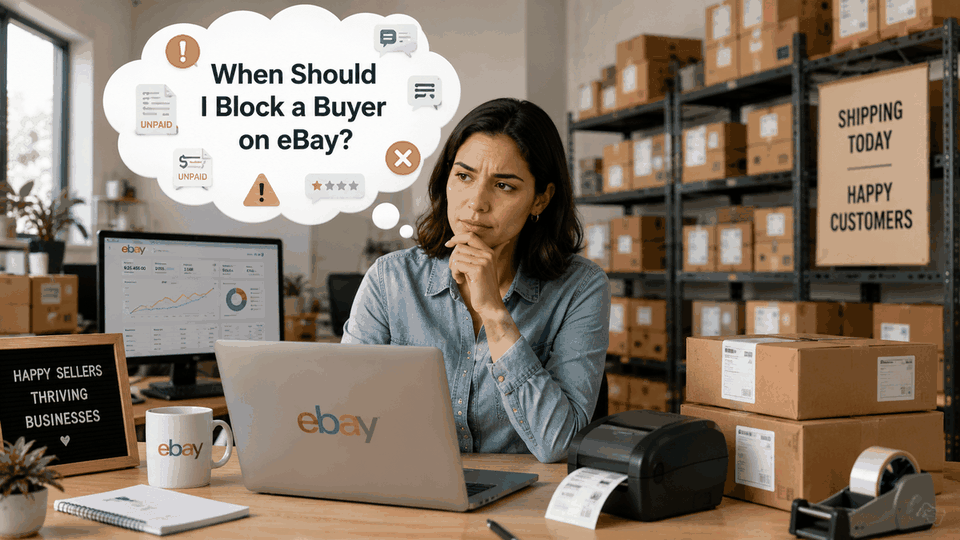 Seller at a laptop in a stockroom of parcels, wondering when to block a buyer on eBay