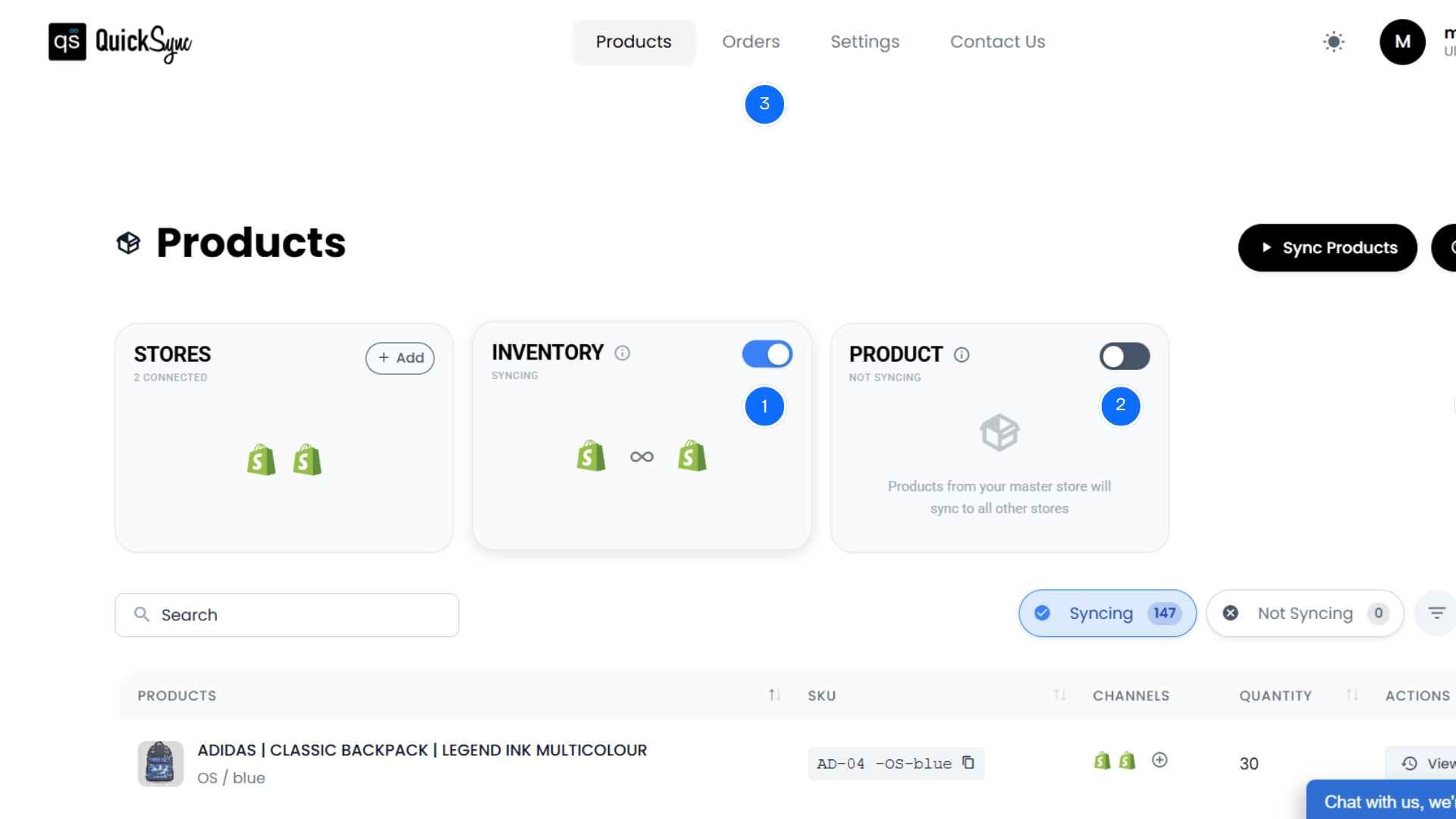 QuickSync products dashboard with stores connected and inventory syncing on