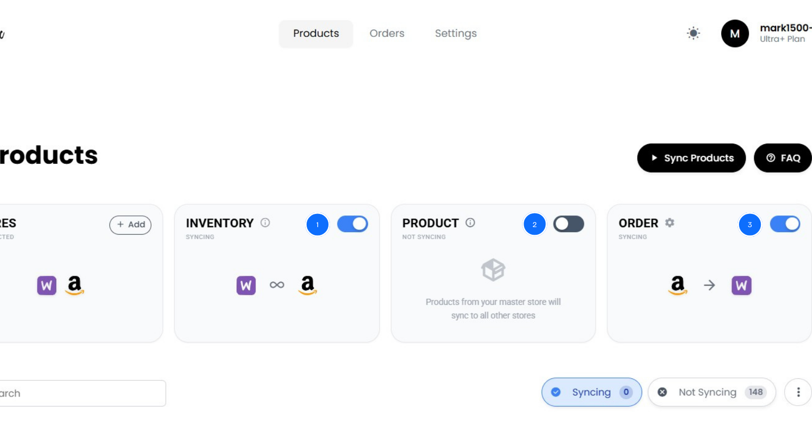 QuickSync products dashboard with Amazon and WooCommerce connected and syncing on