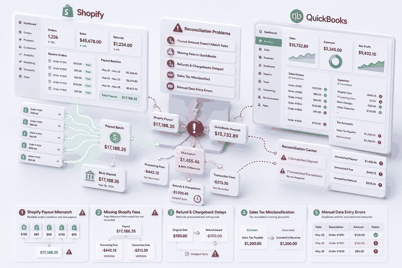 Shopify and QuickBooks reconciliation problems: payout mismatches and missing fees