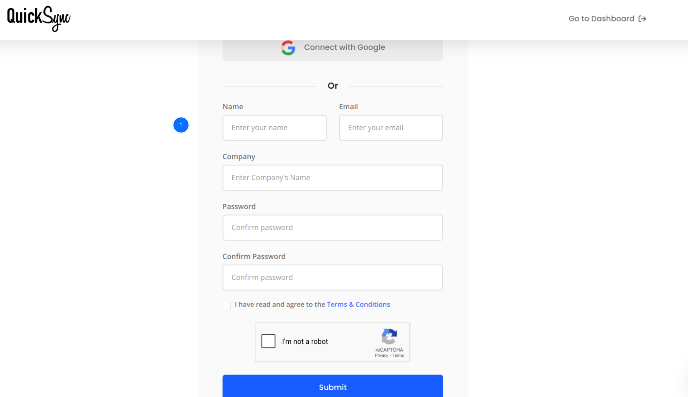 QuickSync sign-up form with a Google option and name, email, company and password fields