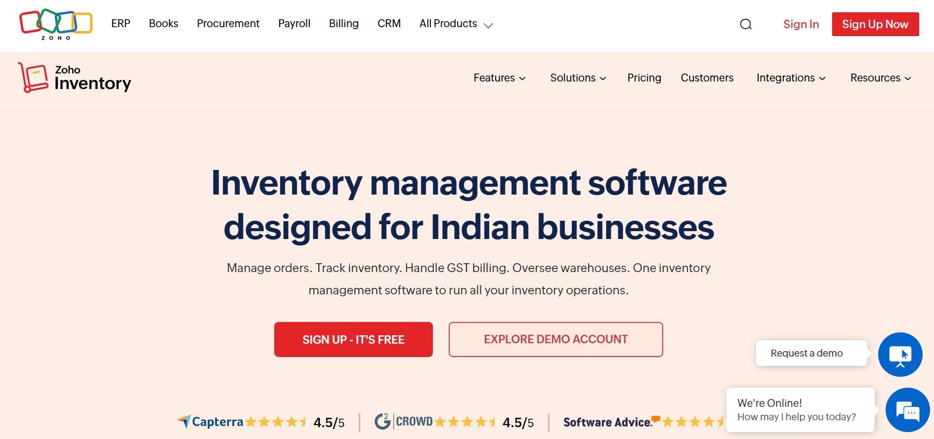 Zoho Inventory homepage: inventory management software for Indian businesses