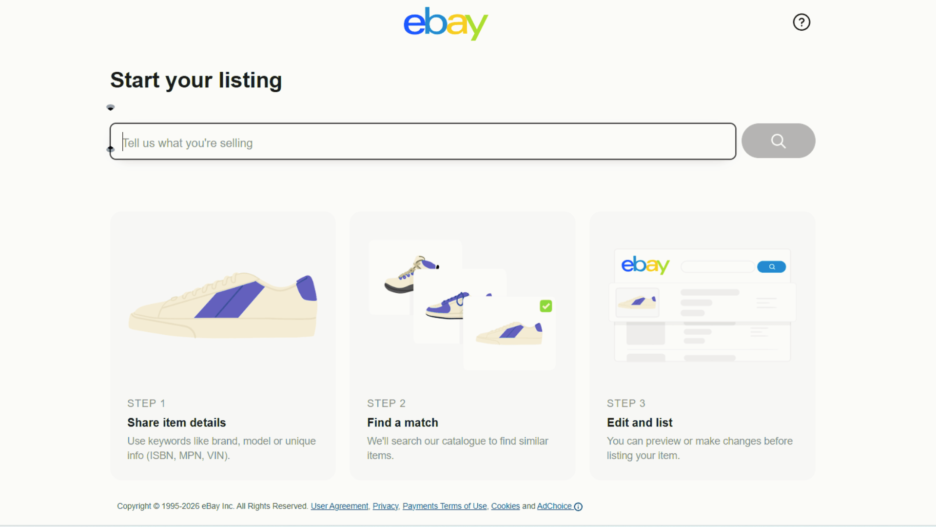 eBay start your listing page with steps to share item details, find a match and edit