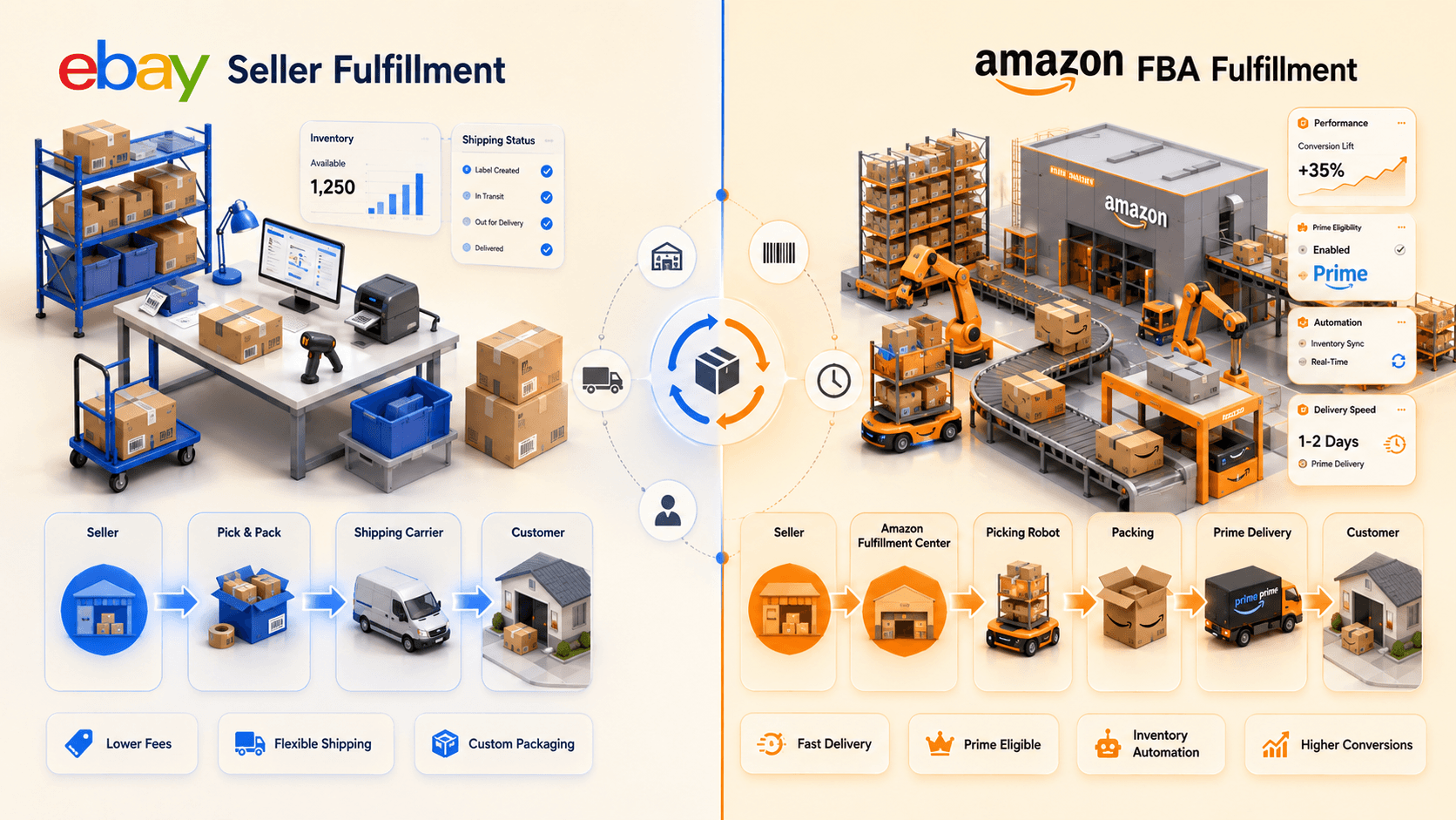 eBay seller fulfilment compared with Amazon FBA warehouses and delivery flows