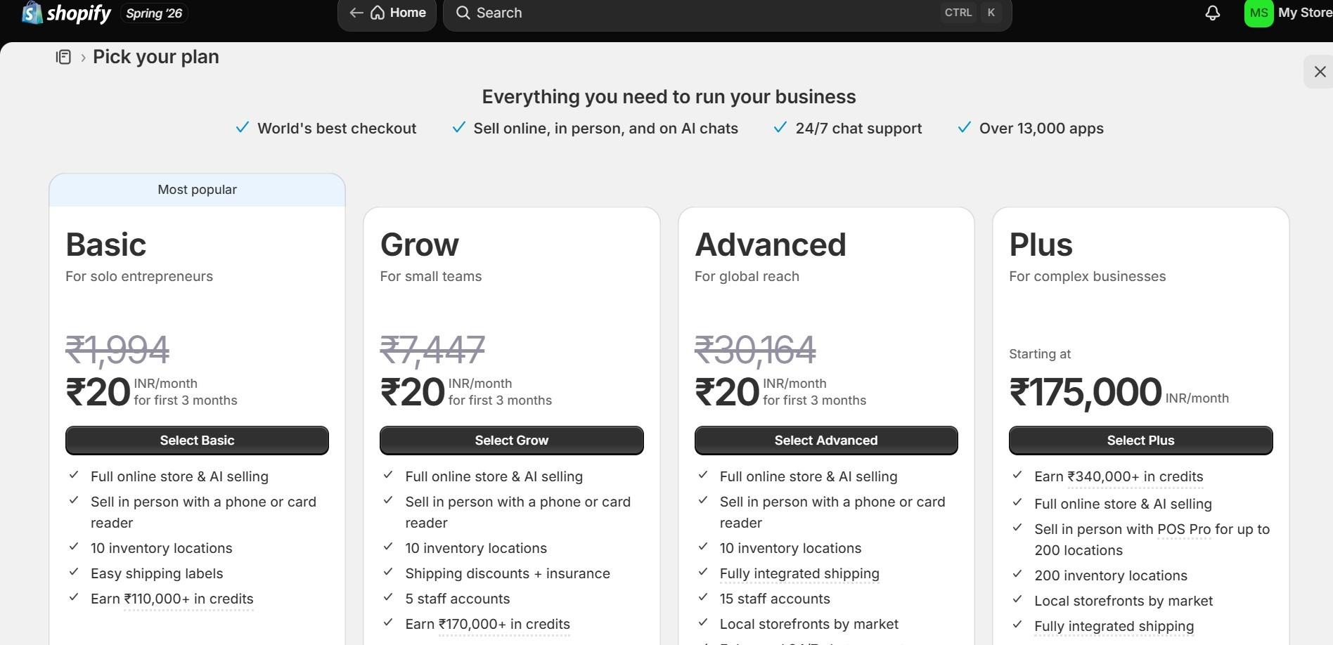 Shopify plan picker comparing Basic, Grow, Advanced and Plus pricing