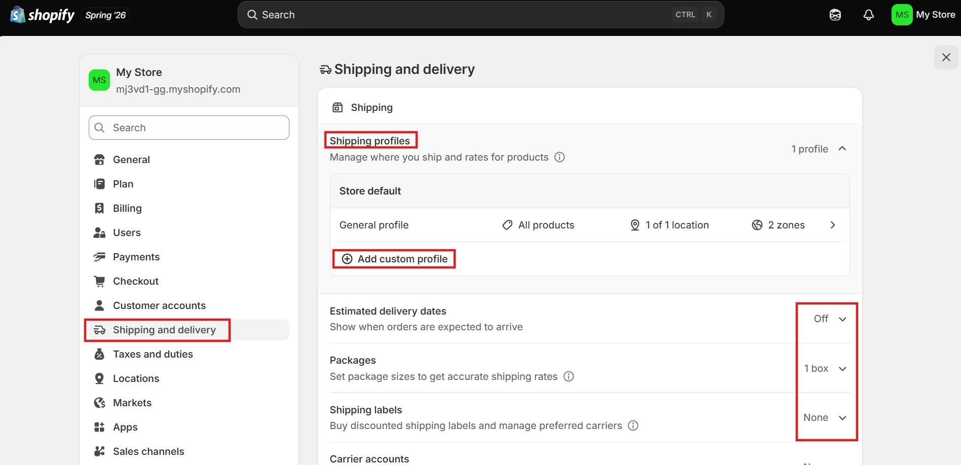 Shopify shipping and delivery settings showing shipping profiles and package options