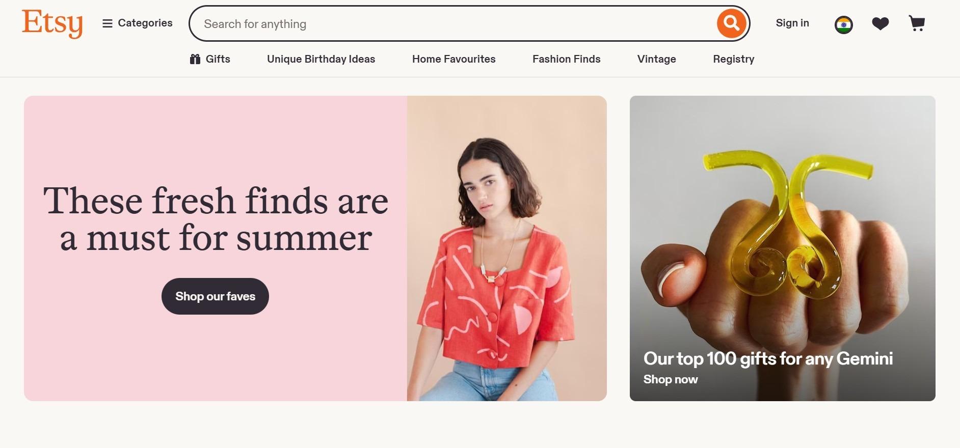 Etsy homepage with a summer finds banner and a top gifts promotion
