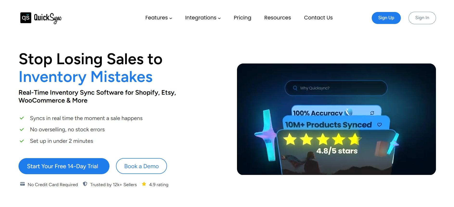 QuickSync homepage headline: stop losing sales to inventory mistakes, with a star rating