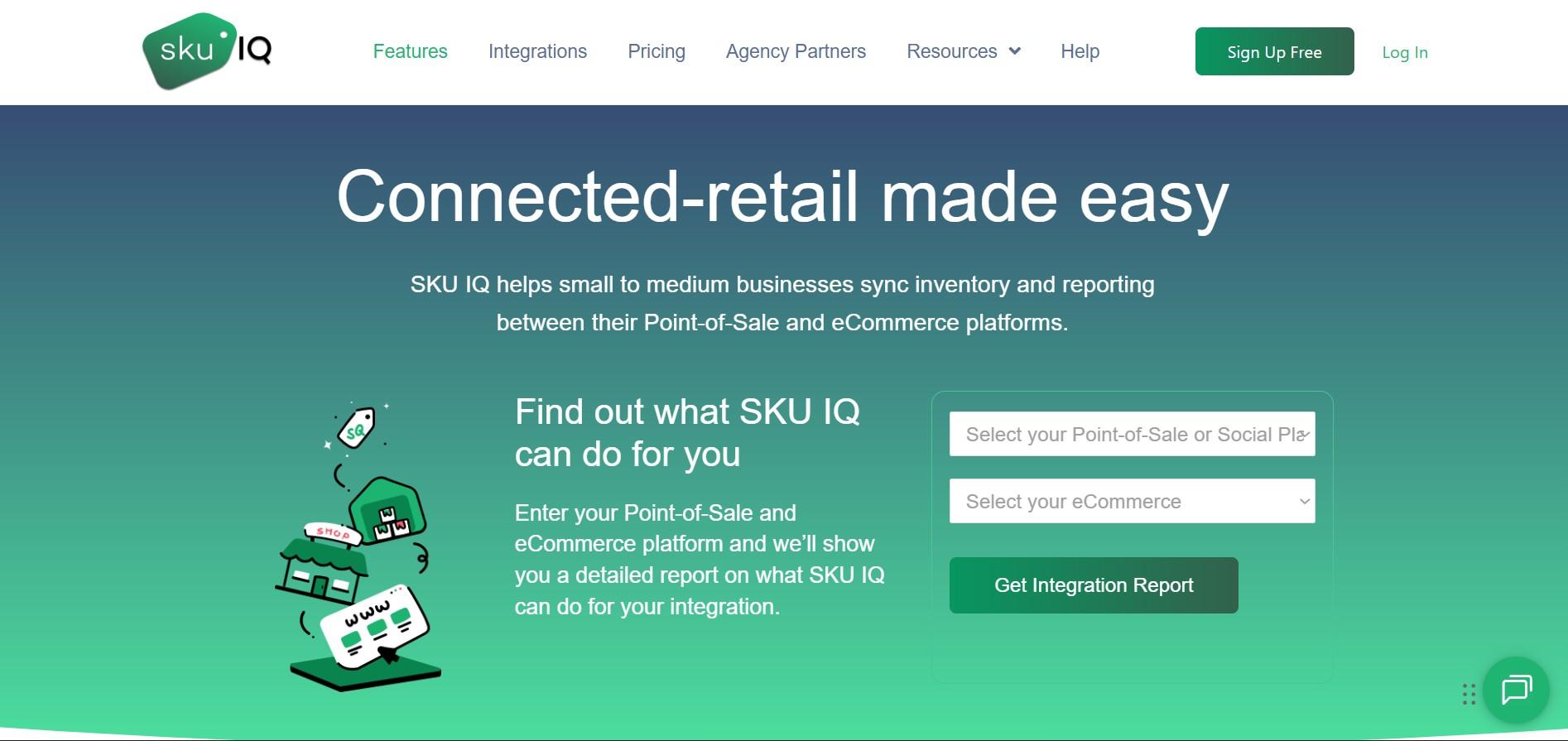 SKU IQ homepage: connected retail made easy, with an integration report form