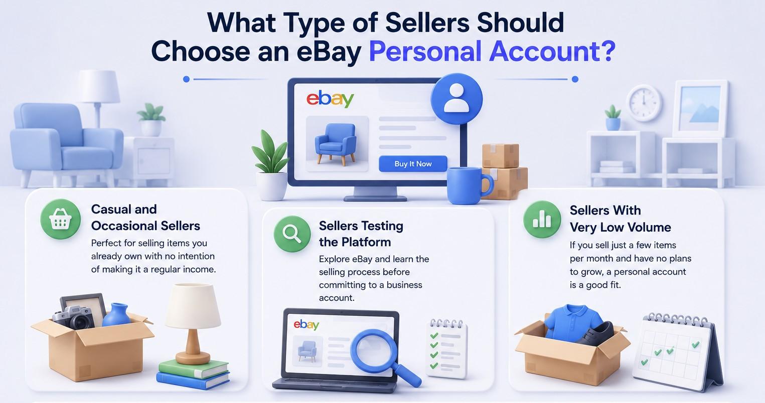 Three seller types suited to an eBay personal account: casual sellers, sellers testing the platform, and low-volume sellers