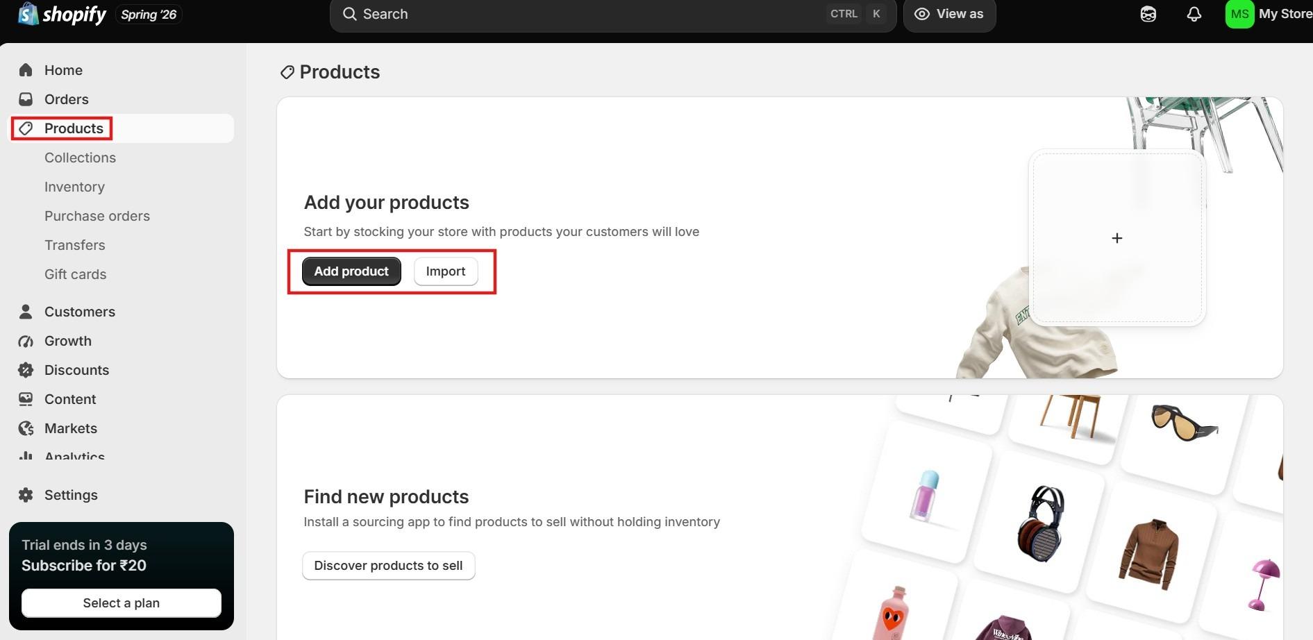 Shopify products page with the Add product and Import buttons highlighted