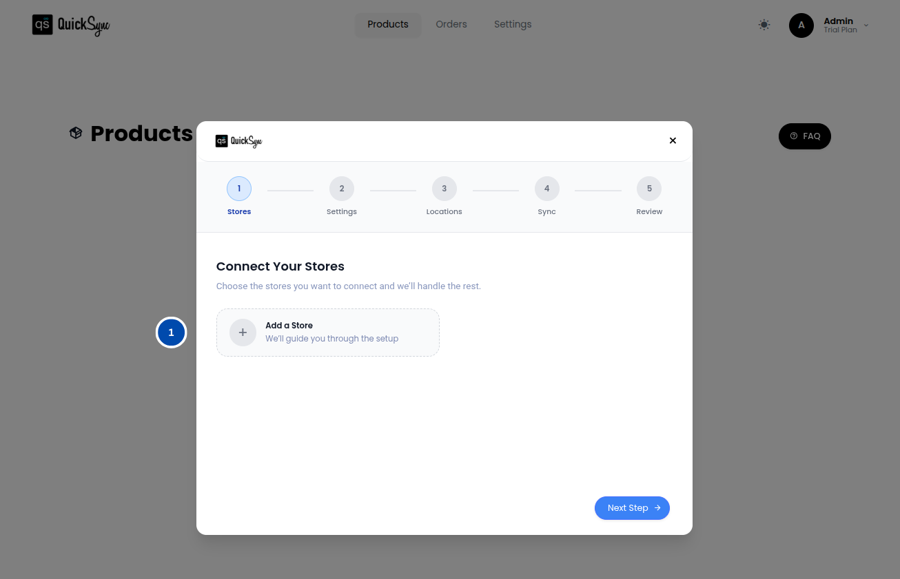 QuickSync onboarding step to connect your stores, with an Add a Store button