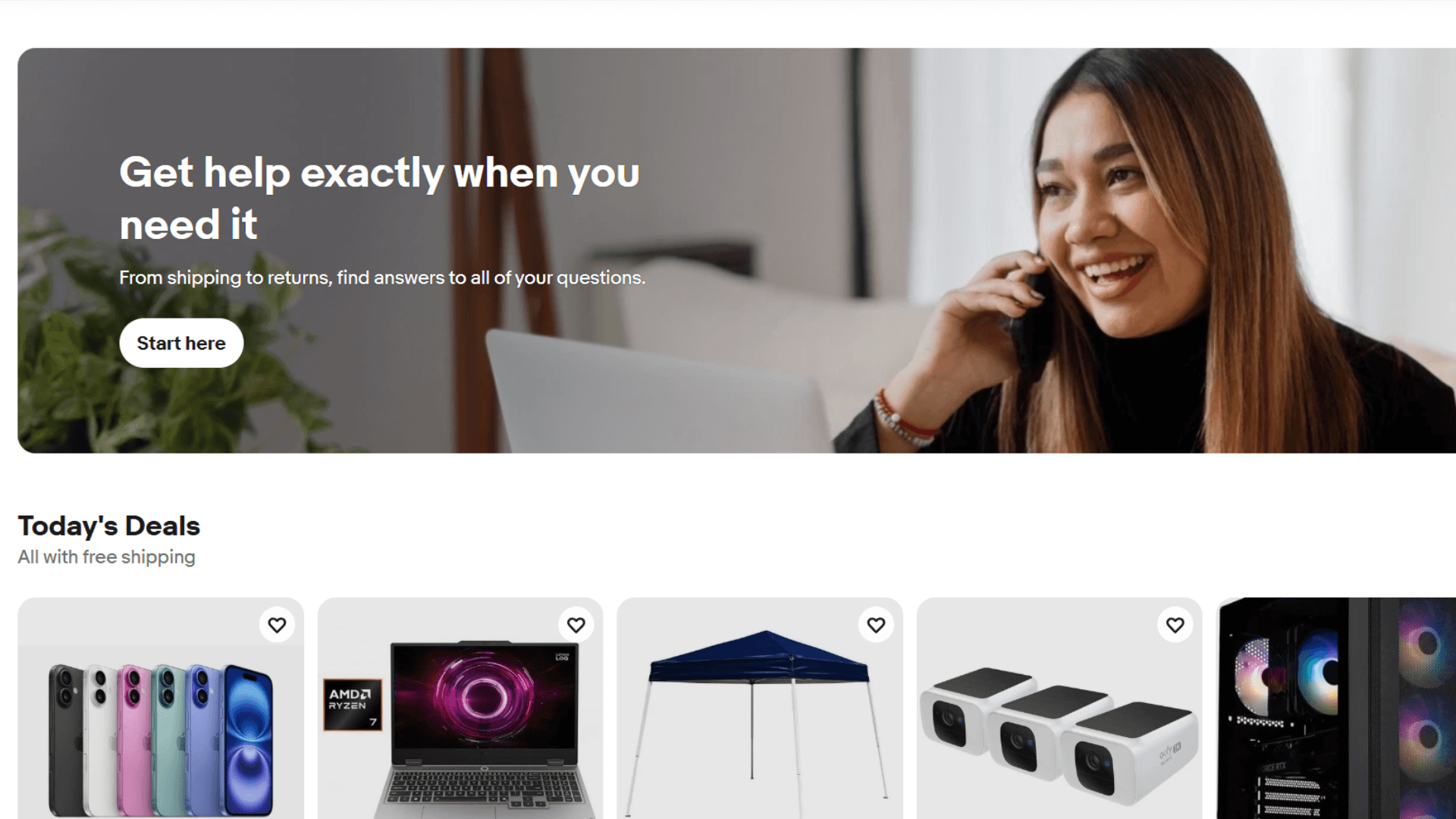 eBay help page above a row of daily deal product tiles