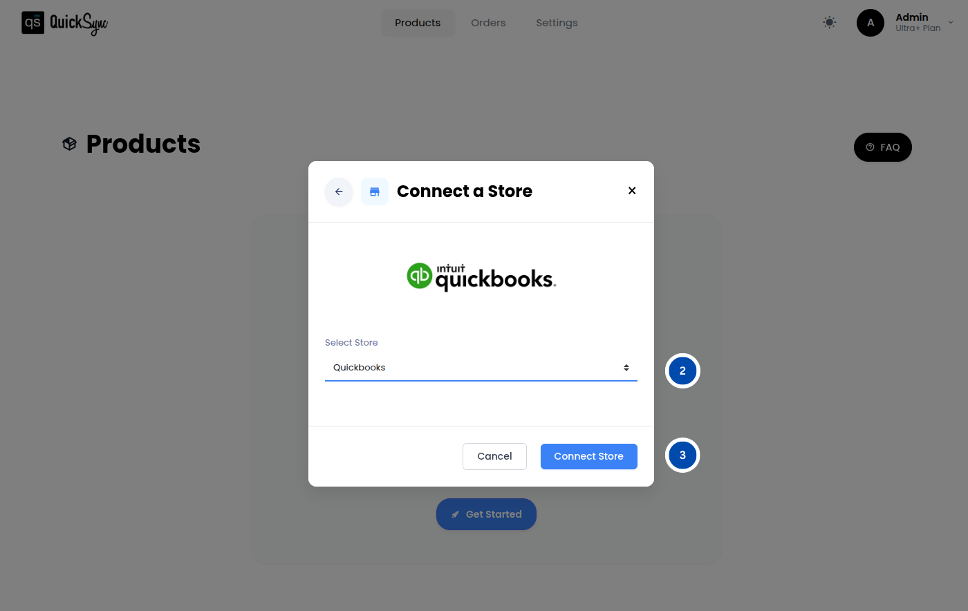 QuickSync connect a store dialog with QuickBooks selected