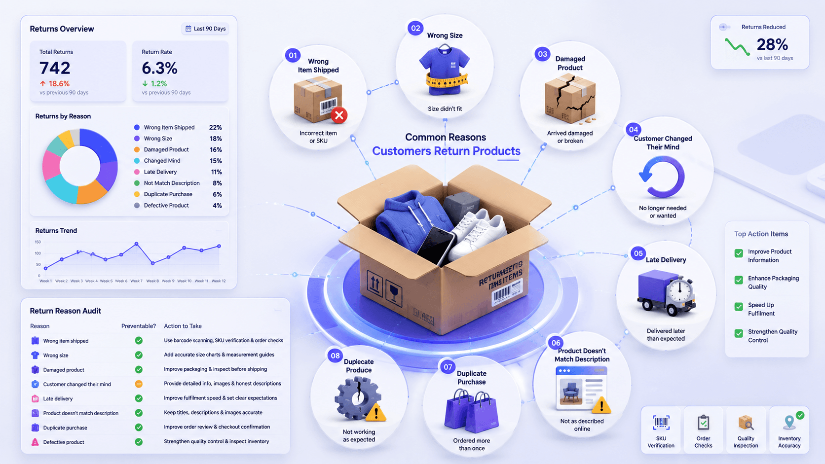Customer returns dashboard showing return volume, rate and the most common reasons