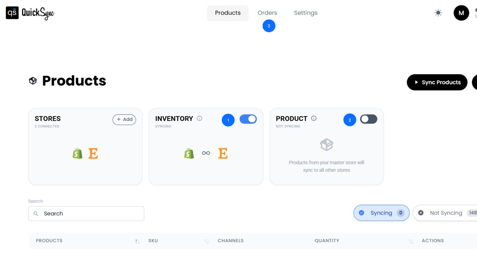 QuickSync products dashboard with Etsy connected and inventory syncing switched on