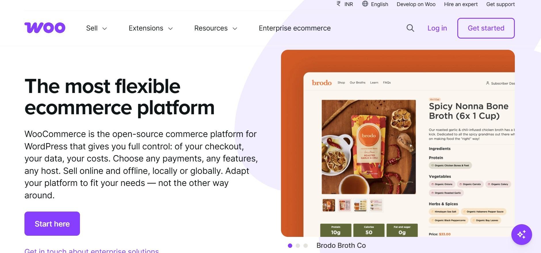 WooCommerce homepage headline: the most flexible ecommerce platform, with a product page