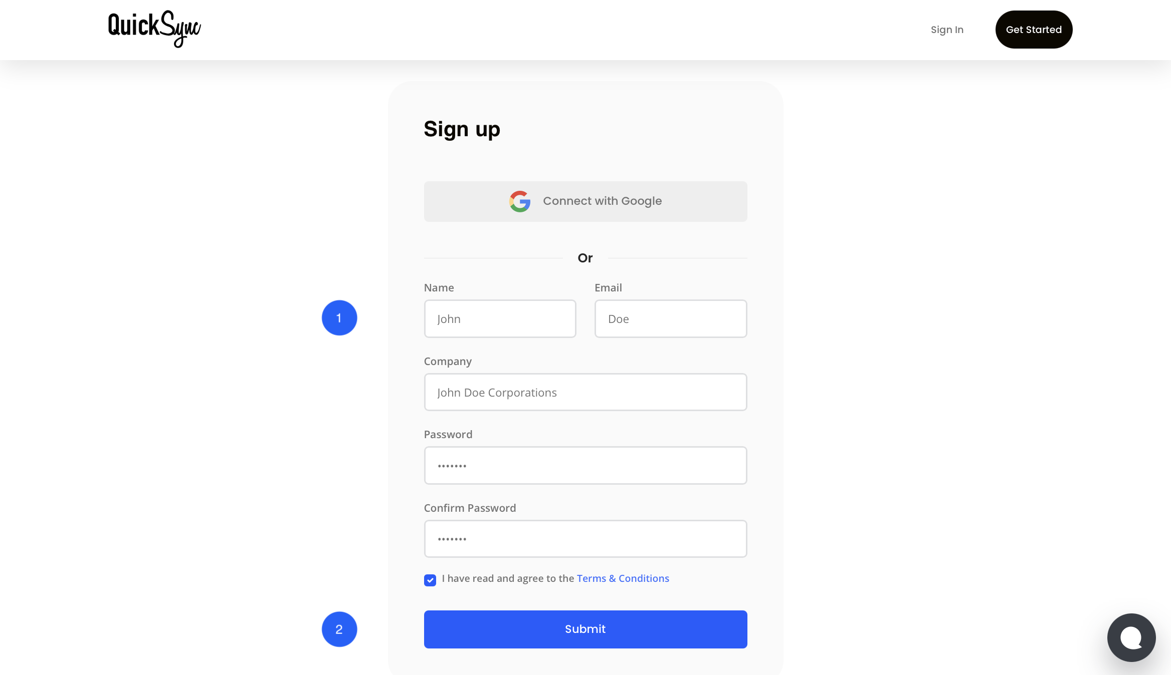QuickSync sign-up form with a Google option and name, email, company and password fields