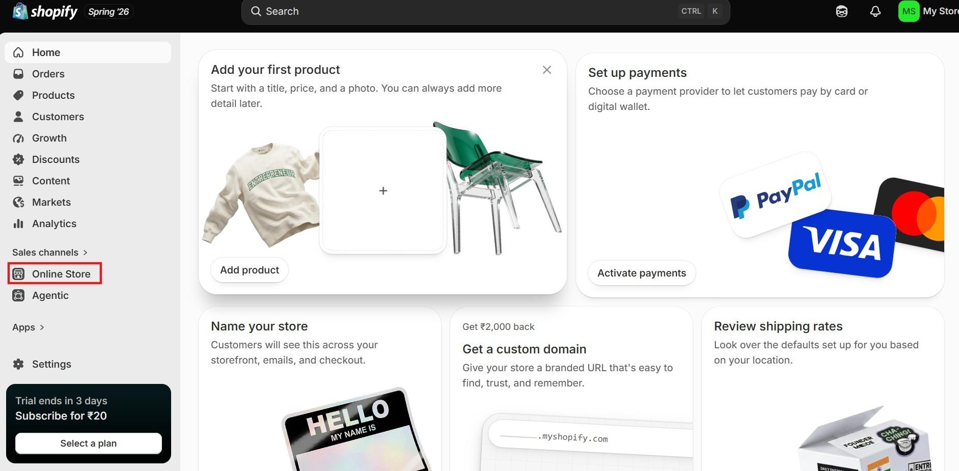 Shopify admin home with setup tasks for adding a product, setting up payments and naming the store