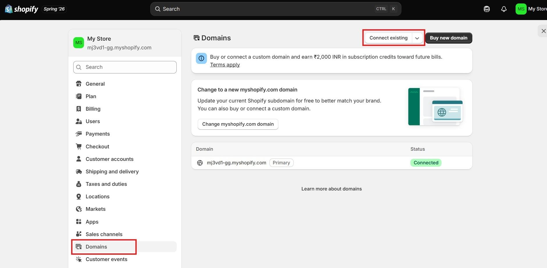 Shopify domain settings with the Connect existing domain option highlighted