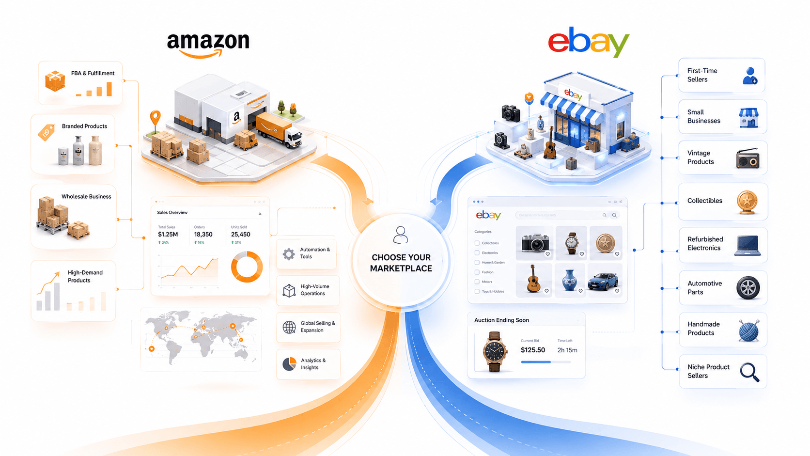 Choosing between Amazon and eBay, comparing reach, categories and seller tools