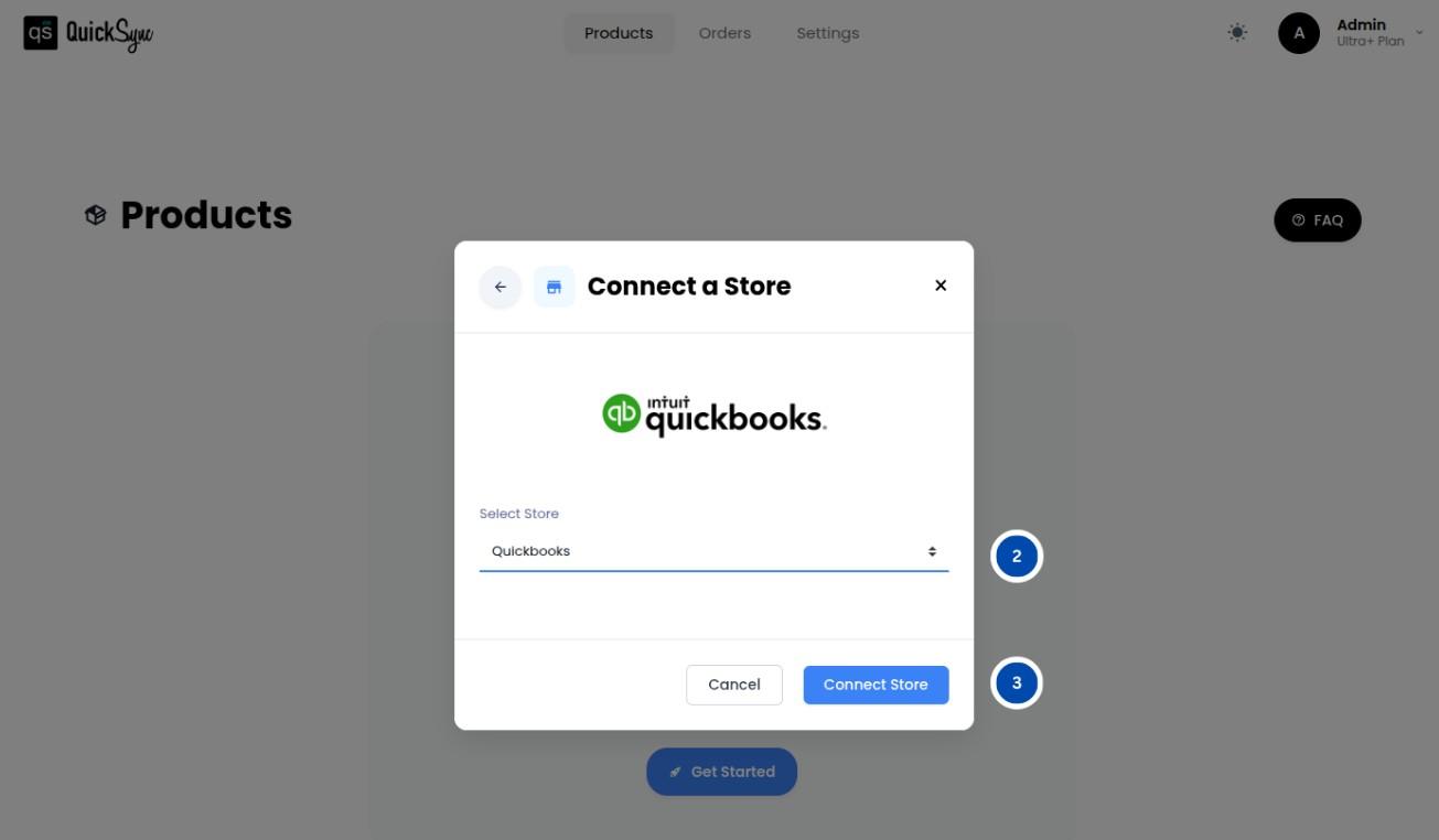 QuickSync connect a store dialog with QuickBooks selected