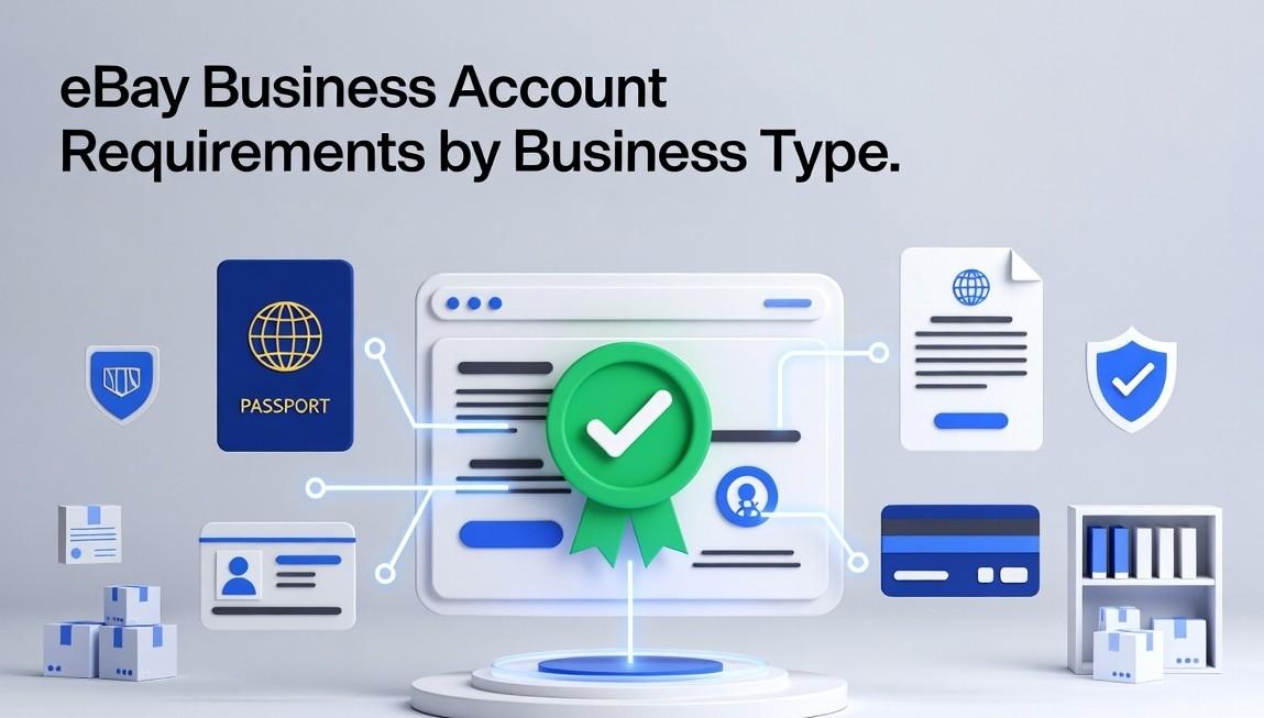 eBay business account requirements by business type, with passport, verification and bank card icons