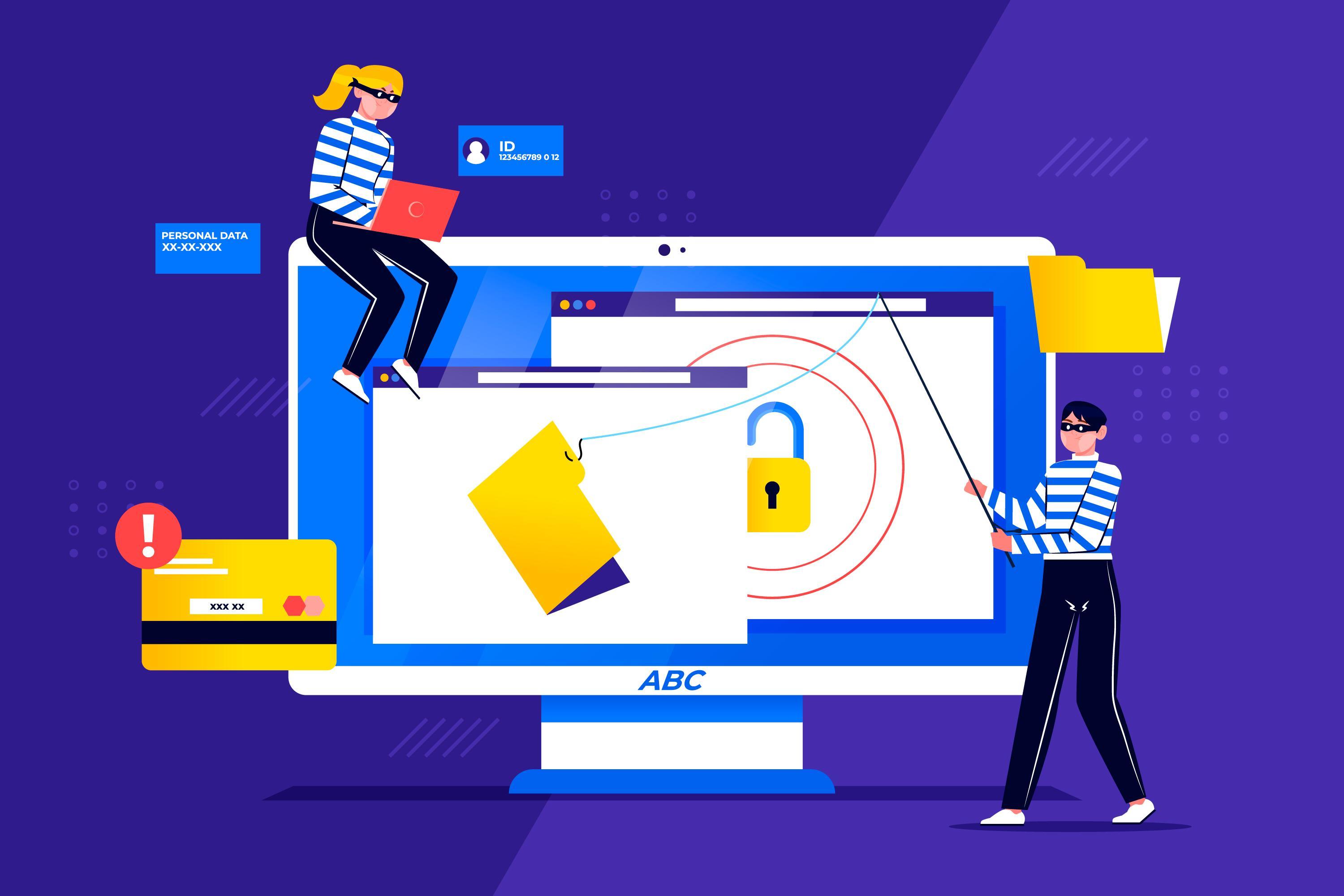 Illustration of two people securing an online account with a padlock and a blocked card